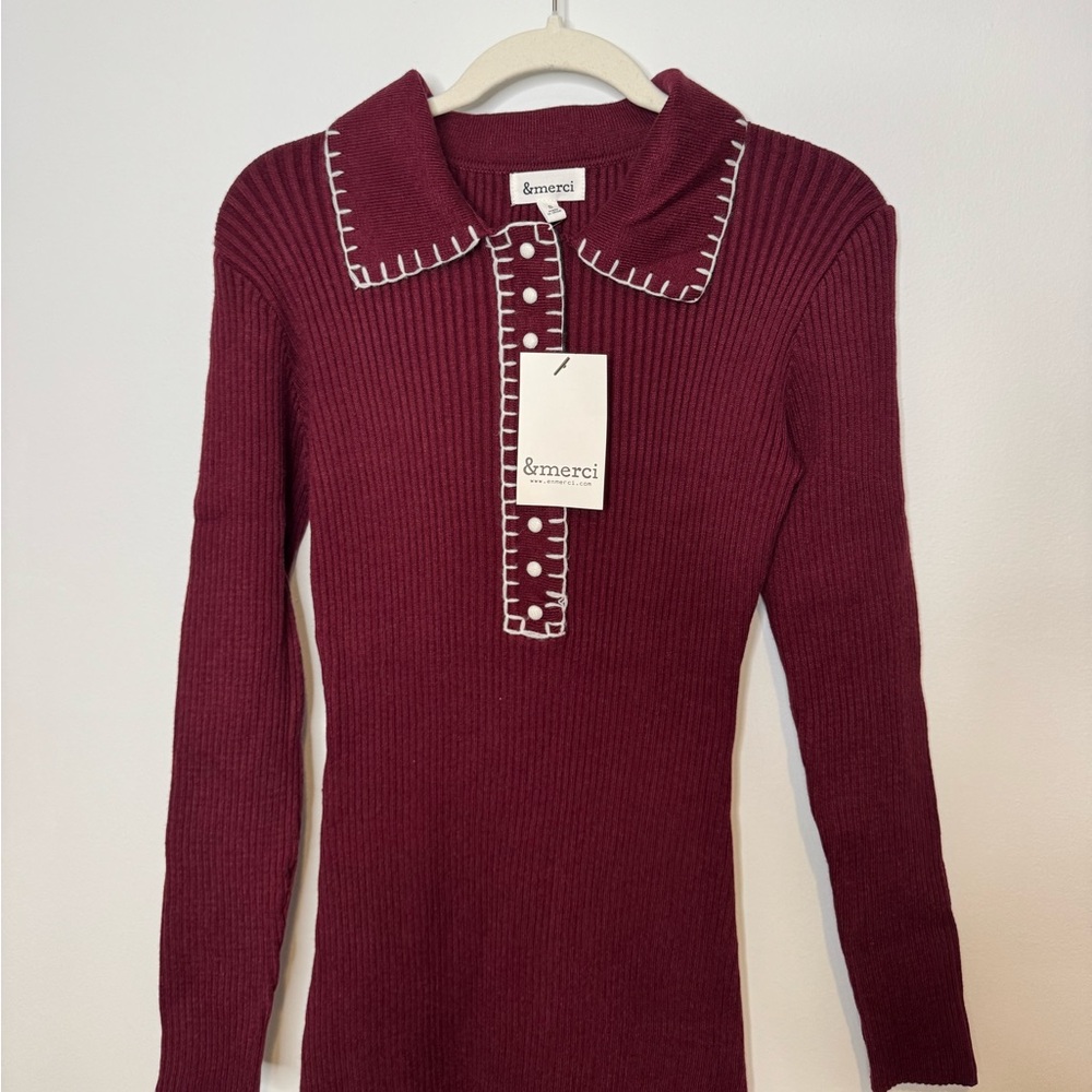 &merci Burgundy Ribbed Midi Dress with Contrast Stitch Collar